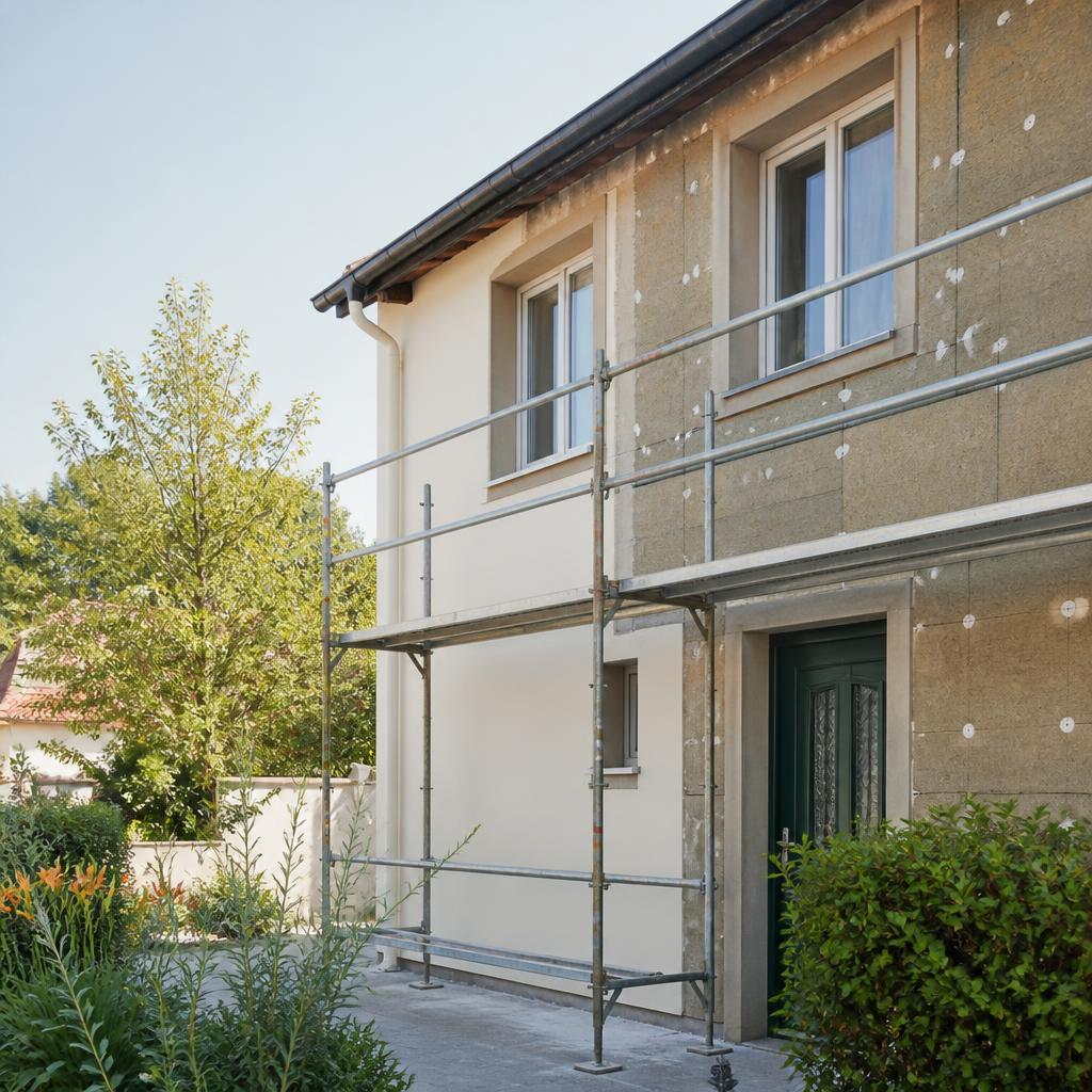 Façade de maison française en cours d'isolation par l'extérieur, enduit clair et échafaudage léger